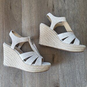 Michael Kors Berkley Platform Wedge Sandal MK Logo Cream Canvas Size 7